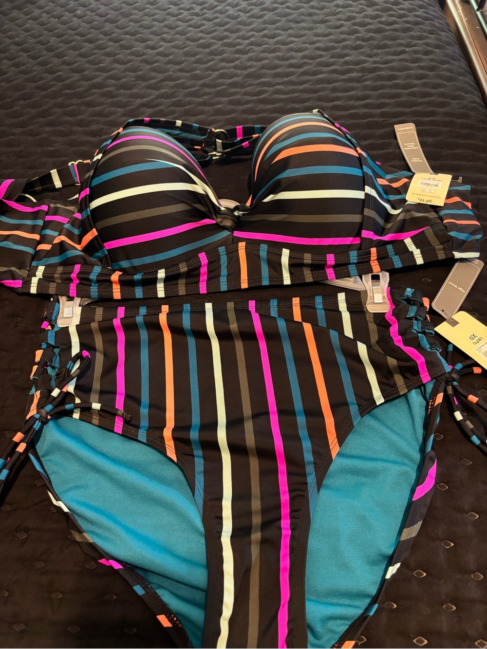 Black Striped Womens Swim Bodysuit with Multicolor Accents
